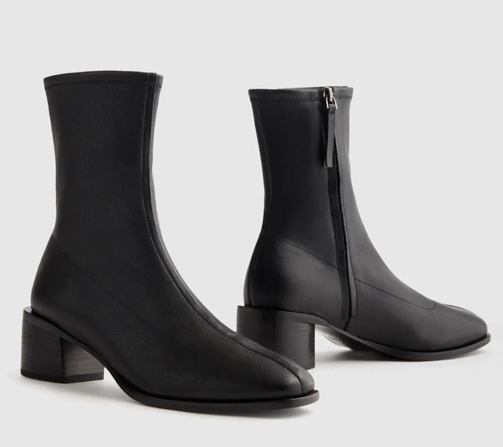 NEW Quince Italian Leather Stretch Sock Bootie •Women 7• Black Boots Ankle $164